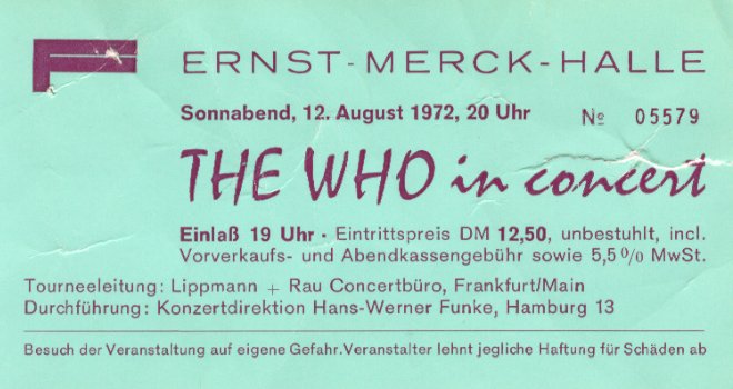 The Who and Golden Earring show ticket#5579  - Ernst Merck halle August 12, 1972